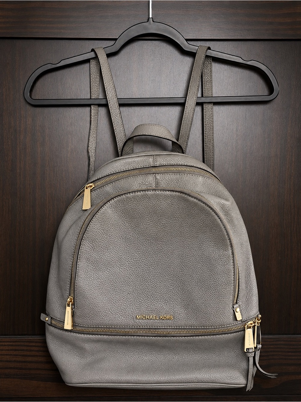 Michael Kors Gray Pebbled Leather Backpack with Gold Hardware